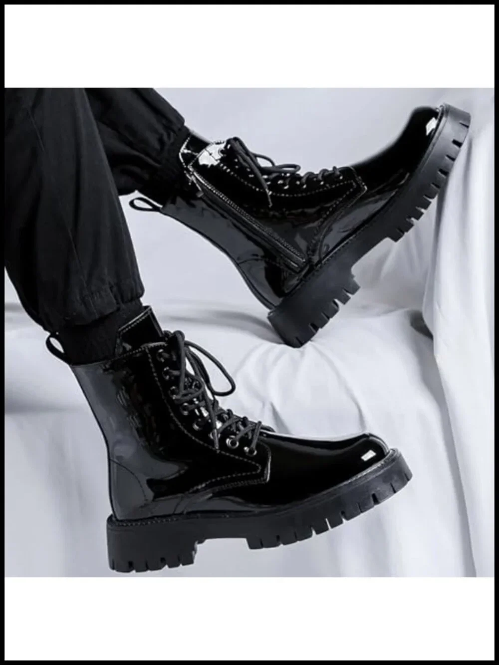 Men's Patent Leather Platform Combat Boots Side Zipper Wide Toe Lace Up Chunky